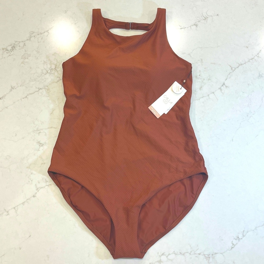 CALIA Modest High Neck One Piece Swimsuit Womens 14 Brown Textured Tummy Control